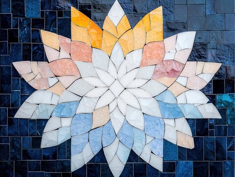 Close-up of a mosaic flower design on a dark blue tile background. The flower is composed of various colors and shapes of tiles.
