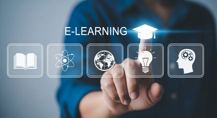 Person interacting with elearning interface with icons representing knowledge science global connections ideas and thinking highlighting the concept of online education and digital learning platforms