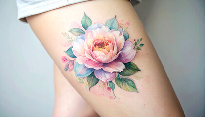 watercolor flower tattoo on a woman's thigh