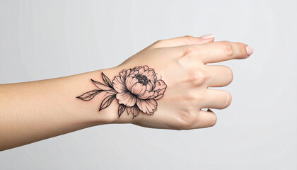 close-up peony flower with thin leaf  tattoo on the back of a woman&rsquo;s hand