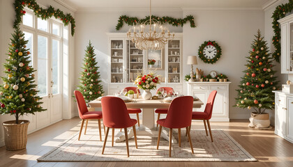 Festive dining room decorated for Christmas, featuring a large table with red chairs, adorned with a floral centerpiece and surrounded by beautifully decorated evergreen trees