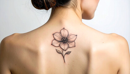 line-art flower tattoo on the upper back of a woman