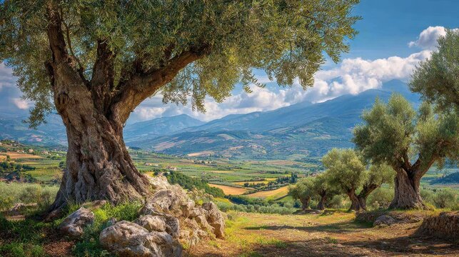 Ancient olive trees stand guard over a beautiful, sunlit valley in the Italian countryside. Perfect for travel blogs or representing classic European landscapes.