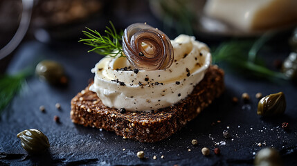 Open-faced sandwich with cream cheese and anchovy on dark slate  