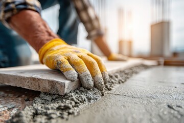 A construction worker levels cement with tile, wearing yellow protective gloves. Use it for real estate, construction, or renovation projects advertisement.