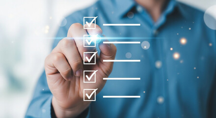 Man completing a digital checklist with checkmarks on a virtual interface showcasing task management productivity and organization in a modern business or personal setting with a blue shirt
