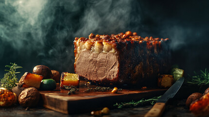 Juicy roasted meat on wooden board surrounded by fresh vegetables  