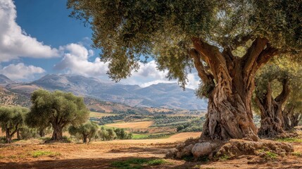 A rustic olive grove with mountains in the background on a sunny, summer day. Use for travel blogs, Mediterranean themes, or landscape stock photos.
