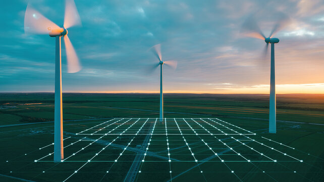 Futuristic renewable energy grid with wind turbines and solar panels