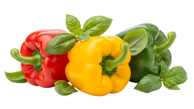 Colorful bell peppersred yellow and greenwith fresh basil leaves isolated on transparent backdrop