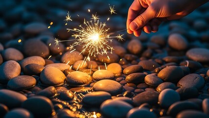 Hand holding a sparkler over wet pebbles at dusk with glowing embers firework celebration