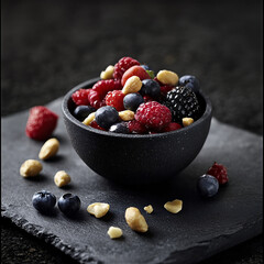 Fresh mixed berries and nuts in a black bowl on slate background  