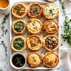 Assorted savory pies arranged on a white platter with herbs  