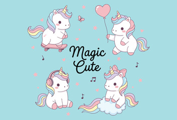 Magic unicorns, pastel mane, cute cartoon, fantasy animals, cloud sitting, heart balloon, headphones, butterfly, stars, flat vector illustration