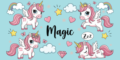 Magic unicorns, pink mane, cute cartoon, flying unicorn, fantasy wings, dreamy clouds, rainbow, hearts, stars, diamond, flat vector illustration