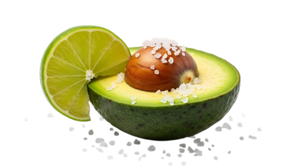 Delicious sliced avocado with salt and lime isolated on transparent background healthy eating concept