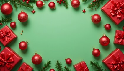 Red Christmas ornaments and gifts, presents on green background