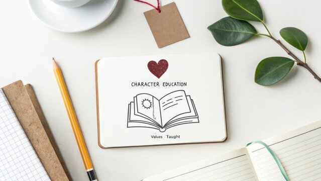 Open Book Sketch with Heart Symbol and Character Education Text