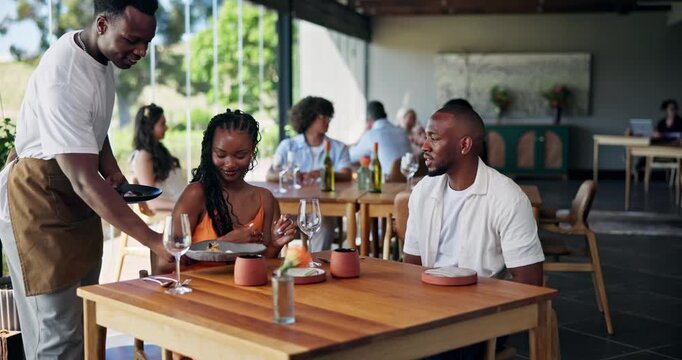 Happy couple, waiter and serving food with plate for fine dining or romantic dinner in restaurant. Man, woman and order with cuisine, menu choice or customer service for wine tasting or date together
