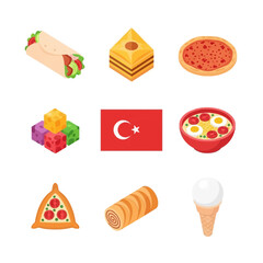 Colorful isometric concept art depicting a diverse array of traditional Turkish cuisine, sweets, and cultural elements