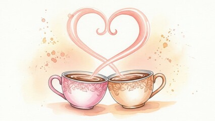 Two delicate teacups with a pink heart shape above them symbolizing love and romance isolated on white background