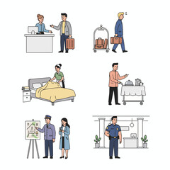 Diverse vector illustrations showcasing hotel personnel performing essential hospitality tasks for guests