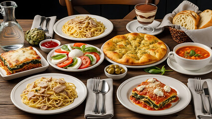 Abundant italian feast spread with pasta lasagna and focaccia