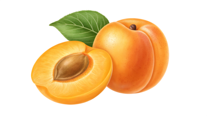Realistic illustration of a whole apricot fruit next to a half apricot showing the pit, isolated on transparent background