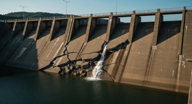 Damaged concrete dam wall with large cracks and water cascading