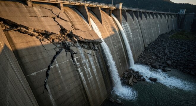 Damaged concrete dam with large cracks and cascading water