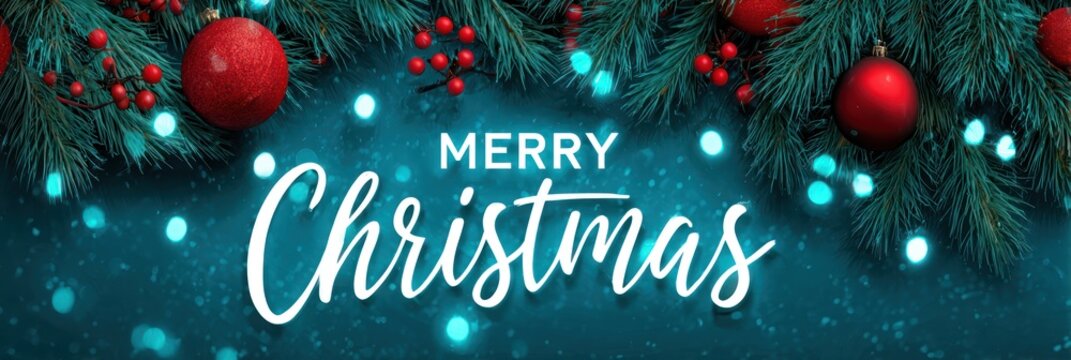 Merry christmas banner with fir branches, red ornaments, and bokeh lights