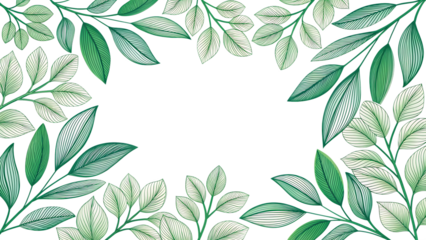 Elegant hand drawn green leaf border frame with detailed etching illustration, isolated on transparent background