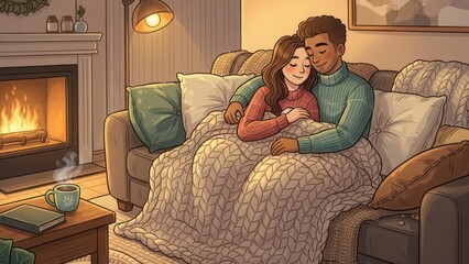 Cozy couple embracing on sofa under blanket near fireplace enjoying warmth and comfort on a cold evening isolated on white background