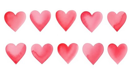 Collection of ten watercolor painted pink hearts arranged in two rows isolated on white background