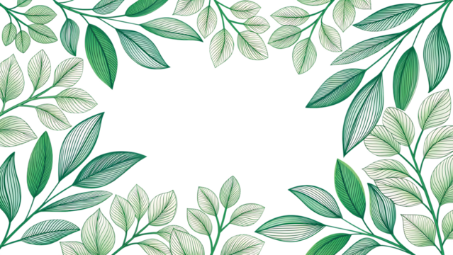 Elegant hand drawn green leaf border frame with detailed etching illustration, isolated on transparent background