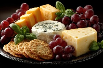 Cheese platter with grapes and crackers, basil garnish on dark background. Use it for food blogs, menus, cheese shop promotions, event catering, or social media.