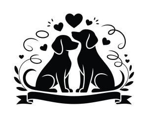 Silhouette of two dogs with hearts and banner for custom text