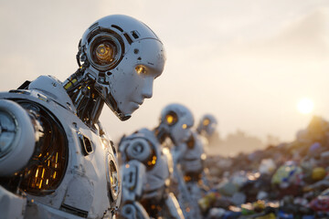 Fototapeta premium advanced robot abandoned in landfill at sunset