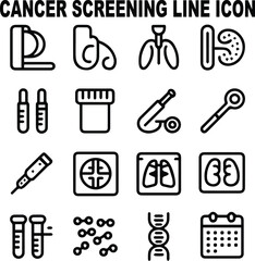 Cancer Screening Thin-Line Icon Set — Mammogram, Pap Smear, Colonoscopy Kit, Stool Test, PSA Test, Skin Exam, Ultrasound Scan, CT Screening, Lung Screening, Blood Marker Test, Saliva DNA Test, Screeni