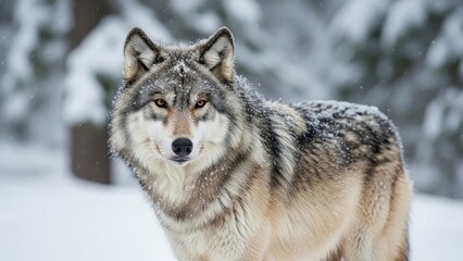 Fototapeta premium Majestic grey wolf standing alertly in a snowy winter forest, showcasing its wild beauty and resilience in a natural habitat.