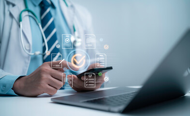 Doctor reviewing digital documents and approval checklists on  mobile device illustrates efficient medical administration, secure data management and streamlined workflow in modern healthcare systems