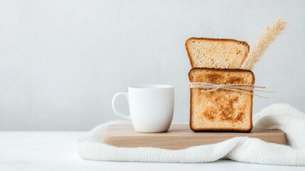 A still life image of toasted bread slices with a coffee mug and decorative wheat on a wooden board, creating a cozy breakfast scene.