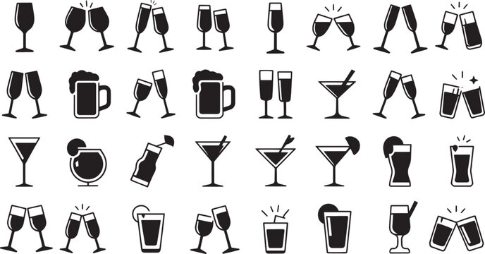 Celebration Glasses Silhouette Icon Set Vector Collection