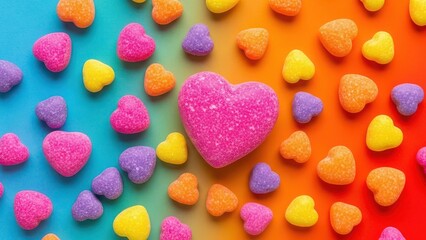 A vibrant collection of colorful heart shaped gummy candies scattered across a bright gradient background isolated on white background