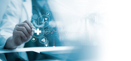 Doctor using digital medical icons and health monitoring graphics highlights advanced healthcare technology, smart diagnostics and real time patient insights in a modern clinical environment