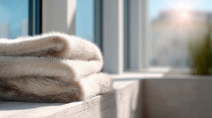 Soft faux fur blanket folded on wooden windowsill with sunlight streaming through large window, cozy and warm winter morning atmosphere