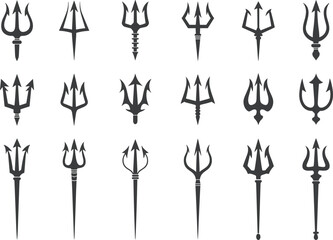 Collection of trident vector icons featuring mythological weapon designs, Poseidon Neptune symbols, fantasy spear illustrations, sharp warrior emblem silhouettes for graphic design