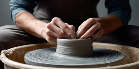 Potter hands shaping clay on spinning wheel, creating pottery in studio, focused craftsmanship and artistic process