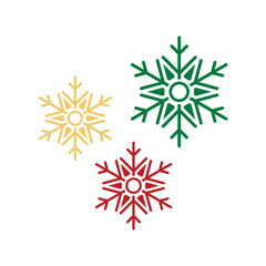 Three stylized snowflakes in red, green, and gold showcase bold geometric lines and a circular center. Ideal for holiday branding, festive decor, winter imagery, and seasonal campaigns.
