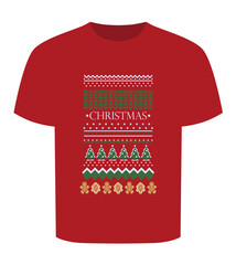 A red T-shirt with a Christmas print featuring holiday decorations and symbols: a gingerbread man, stars, snow, and a knitted sweater. Merry Christmas and Happy New Year! Vector illustration.